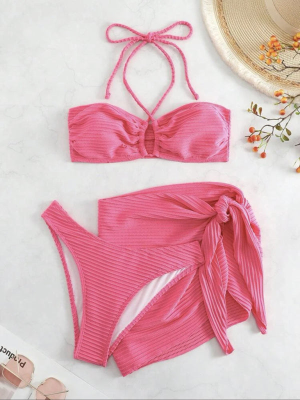 Women's three-piece sexy strappy bikini swimsuit in pink & mint green
