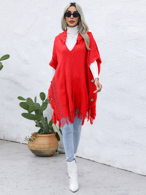 Women's casual loose V-tie hooded pullover mid-length sweater vest cloak top jacket