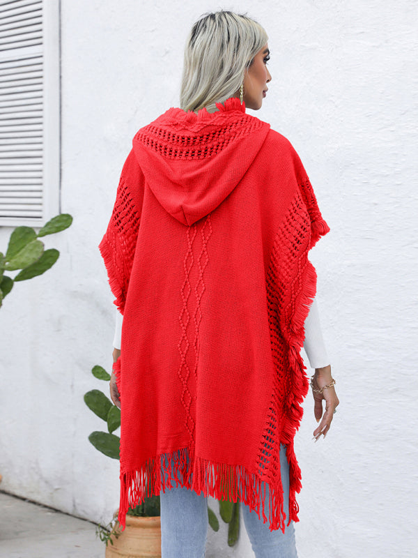 Women's casual loose V-tie hooded pullover mid-length sweater vest cloak top jacket