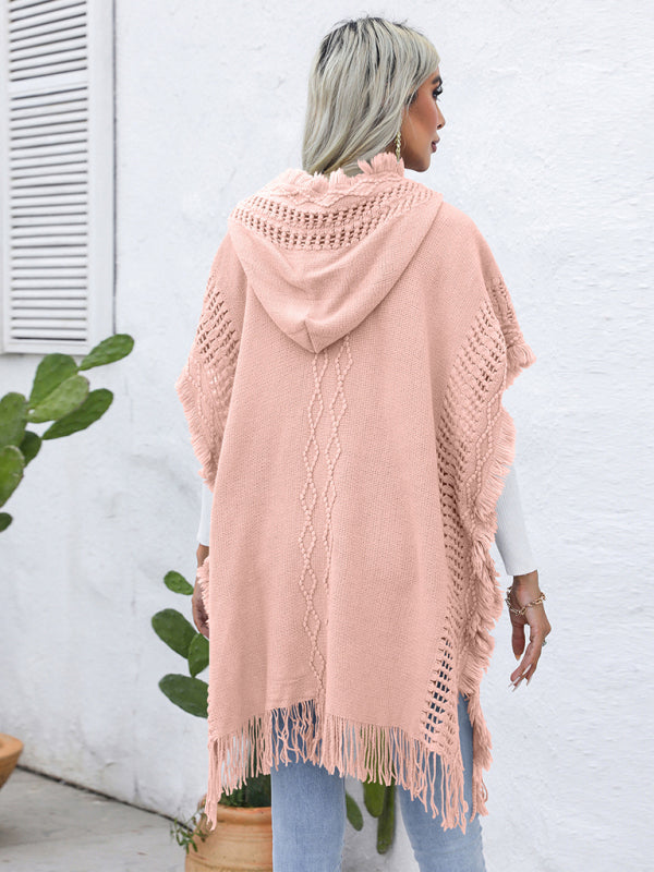 Women's casual loose V-tie hooded pullover mid-length sweater vest cloak top jacket