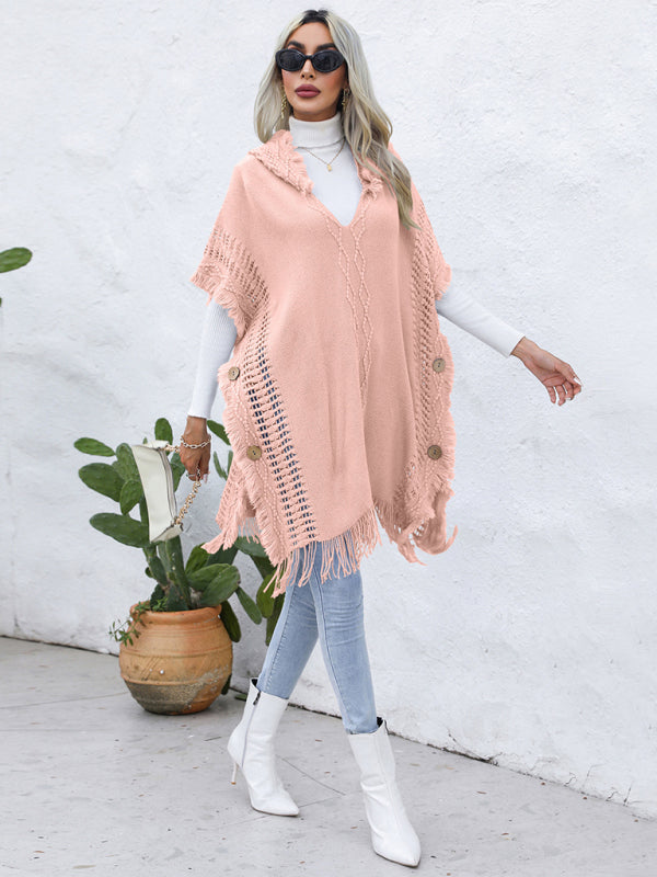 Women's casual loose V-tie hooded pullover mid-length sweater vest cloak top jacket