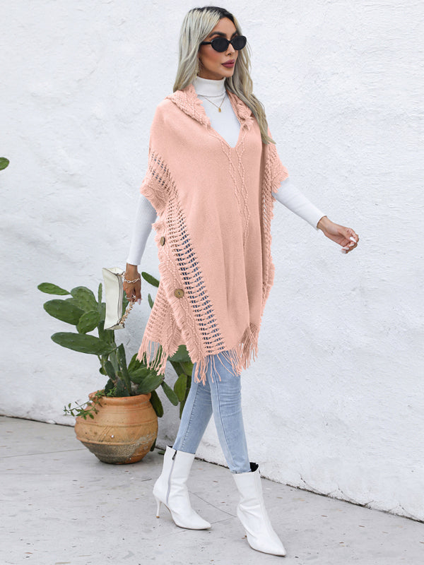 Women's casual loose V-tie hooded pullover mid-length sweater vest cloak top jacket