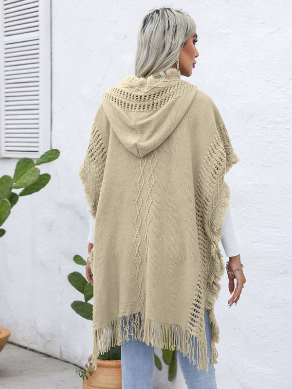 Women's casual loose V-tie hooded pullover mid-length sweater vest cloak top jacket