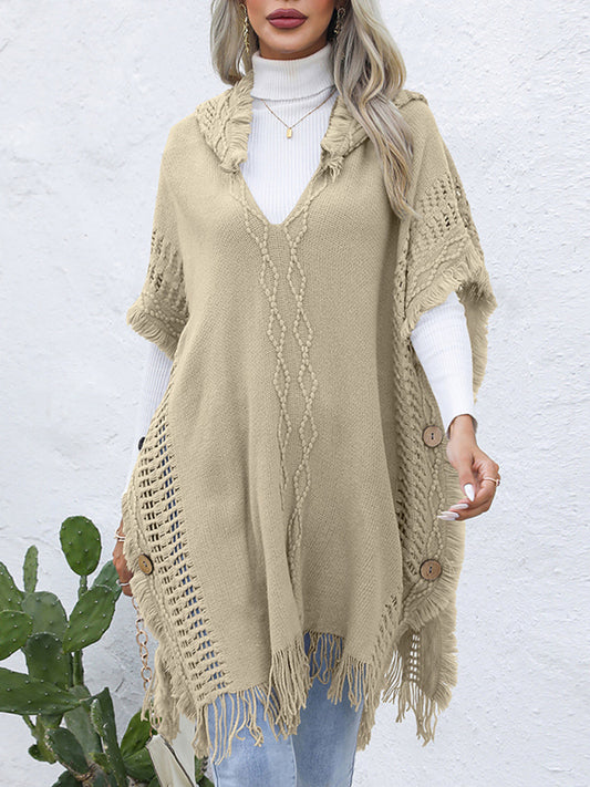 Women's casual loose V-tie hooded pullover mid-length sweater vest cloak top jacket