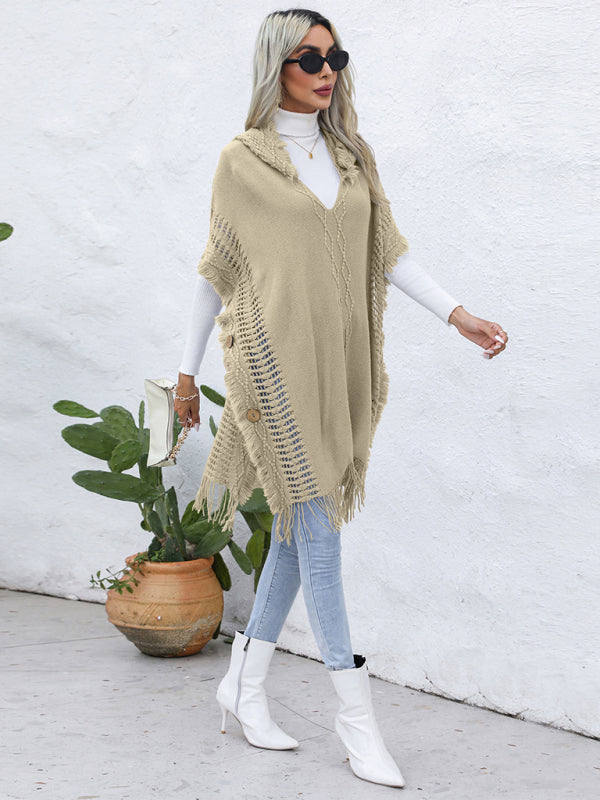 Women's casual loose V-tie hooded pullover mid-length sweater vest cloak top jacket