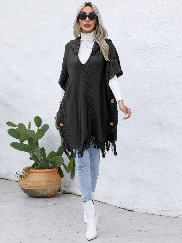Women's casual loose V-tie hooded pullover mid-length sweater vest cloak top jacket