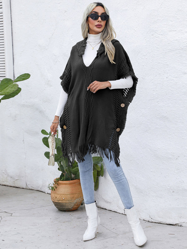 Women's casual loose V-tie hooded pullover mid-length sweater vest cloak top jacket