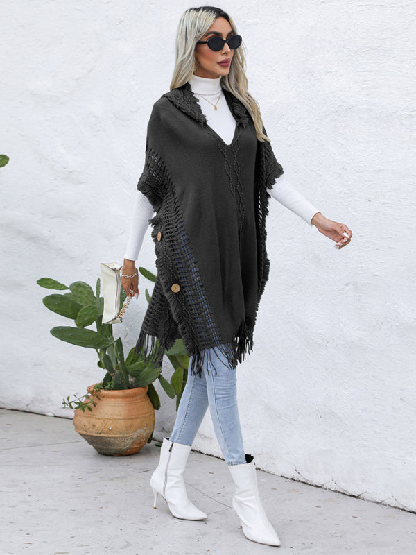 Women's casual loose V-tie hooded pullover mid-length sweater vest cloak top jacket