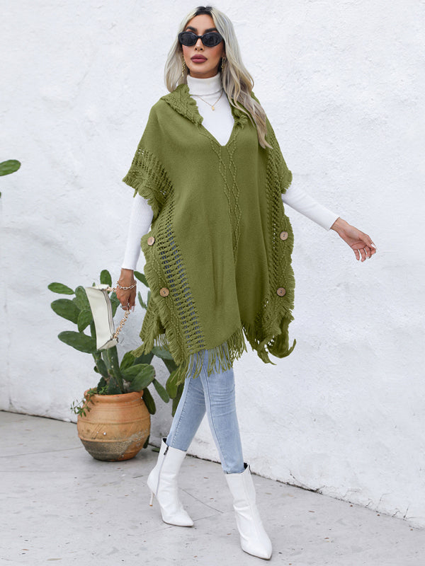 Women's casual loose V-tie hooded pullover mid-length sweater vest cloak top jacket