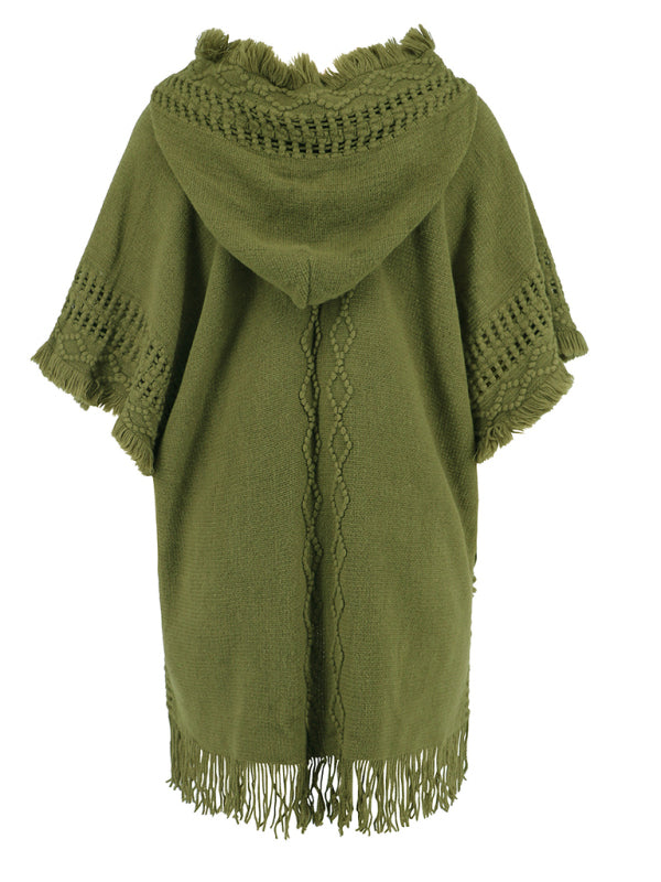 Women's casual loose V-tie hooded pullover mid-length sweater vest cloak top jacket