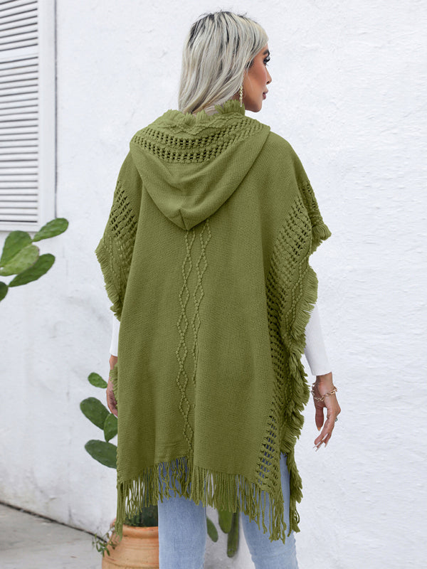 Women's casual loose V-tie hooded pullover mid-length sweater vest cloak top jacket
