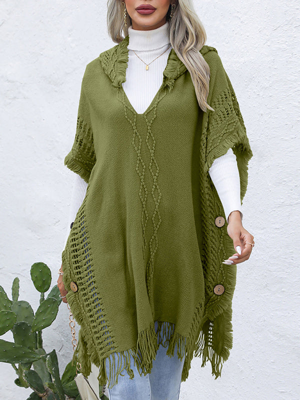 Women's casual loose V-tie hooded pullover mid-length sweater vest cloak top jacket