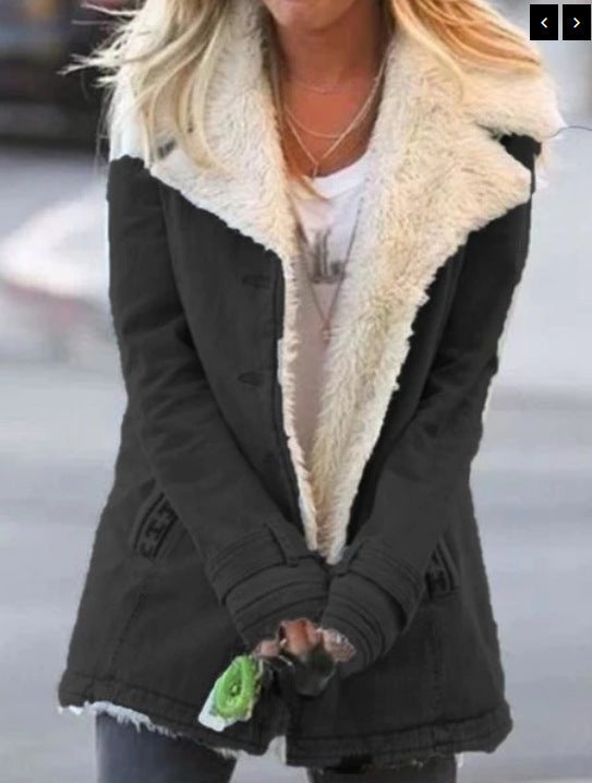 Autumn and winter solid color plush lapel mid-length coat