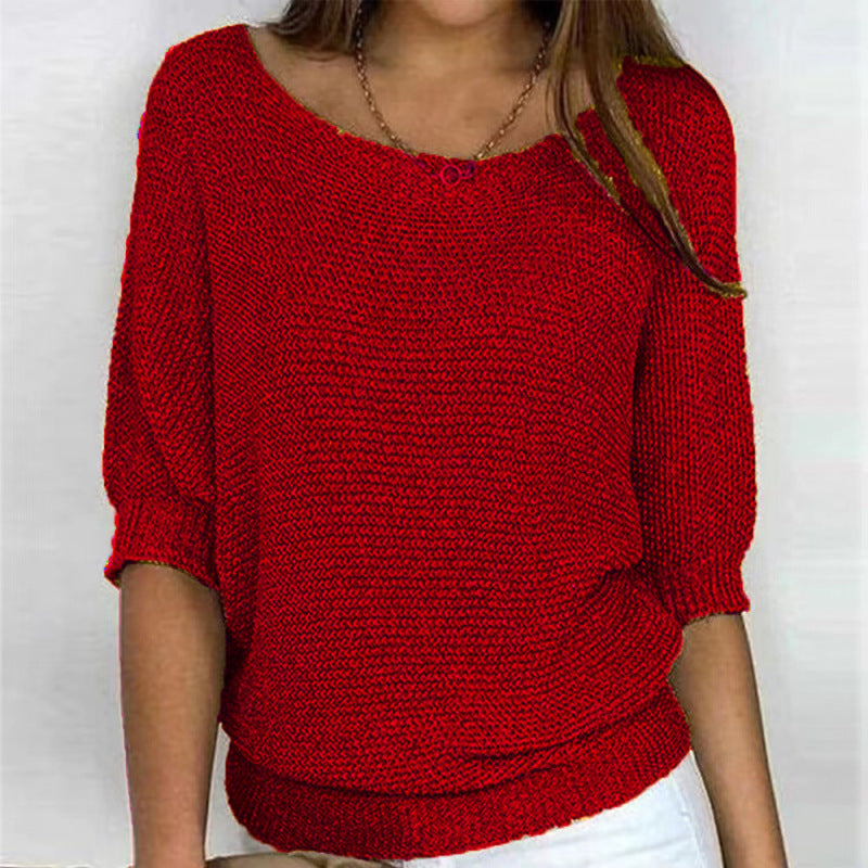 Women's round neck three-quarter sleeve knitted sweater~7 colors